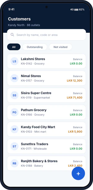 Mobile app: customer list with balances