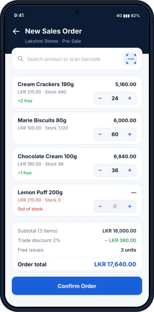 INFIRO SFA Android app sales order screen with products, quantities and order total