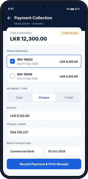 INFIRO SFA app: payment collection by cheque against open invoices