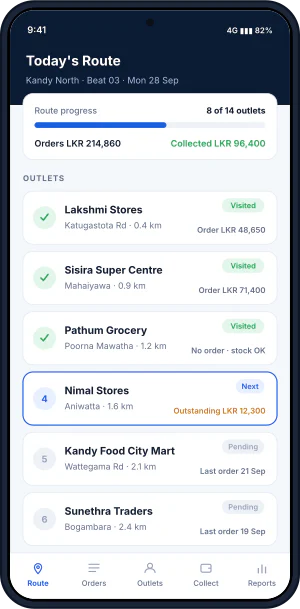 INFIRO SFA app showing today’s route with visited and pending outlets